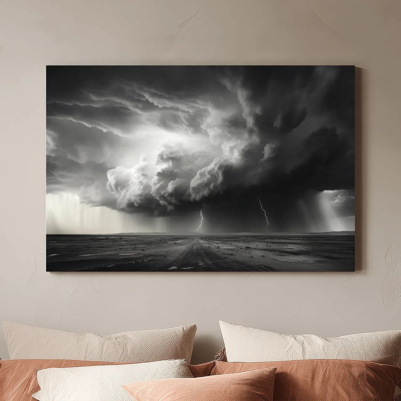 Moody Monochrome Thunderstorm Lightning Landscape - Dramatic Storm Cloud Wall Art