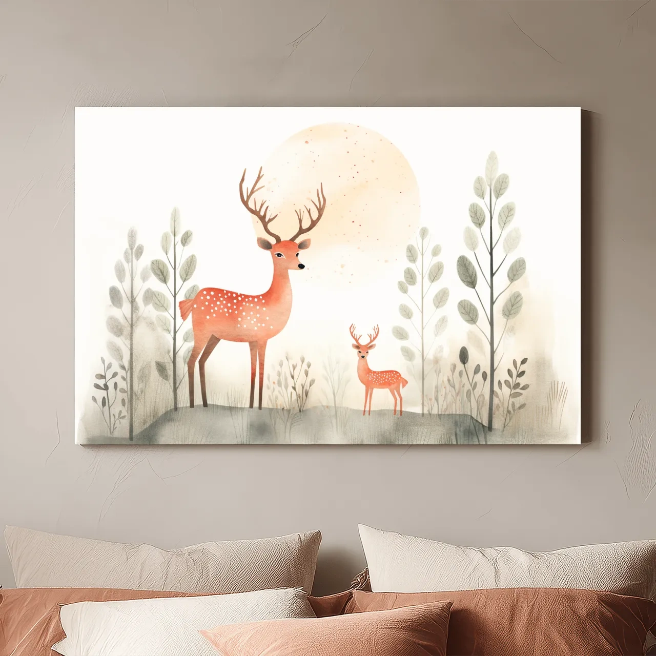 Whimsical Watercolor Deer Family Illustration - Scandinavian Nursery Forest Wall Art