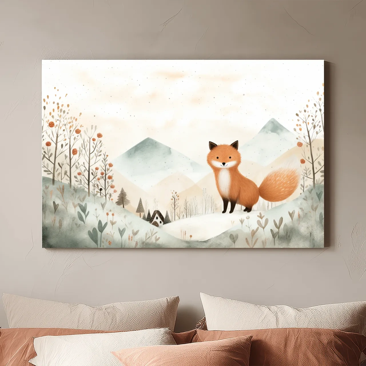 Whimsical Watercolor Fox In Pastel Mountains - Cute Nursery Animal Wall Art