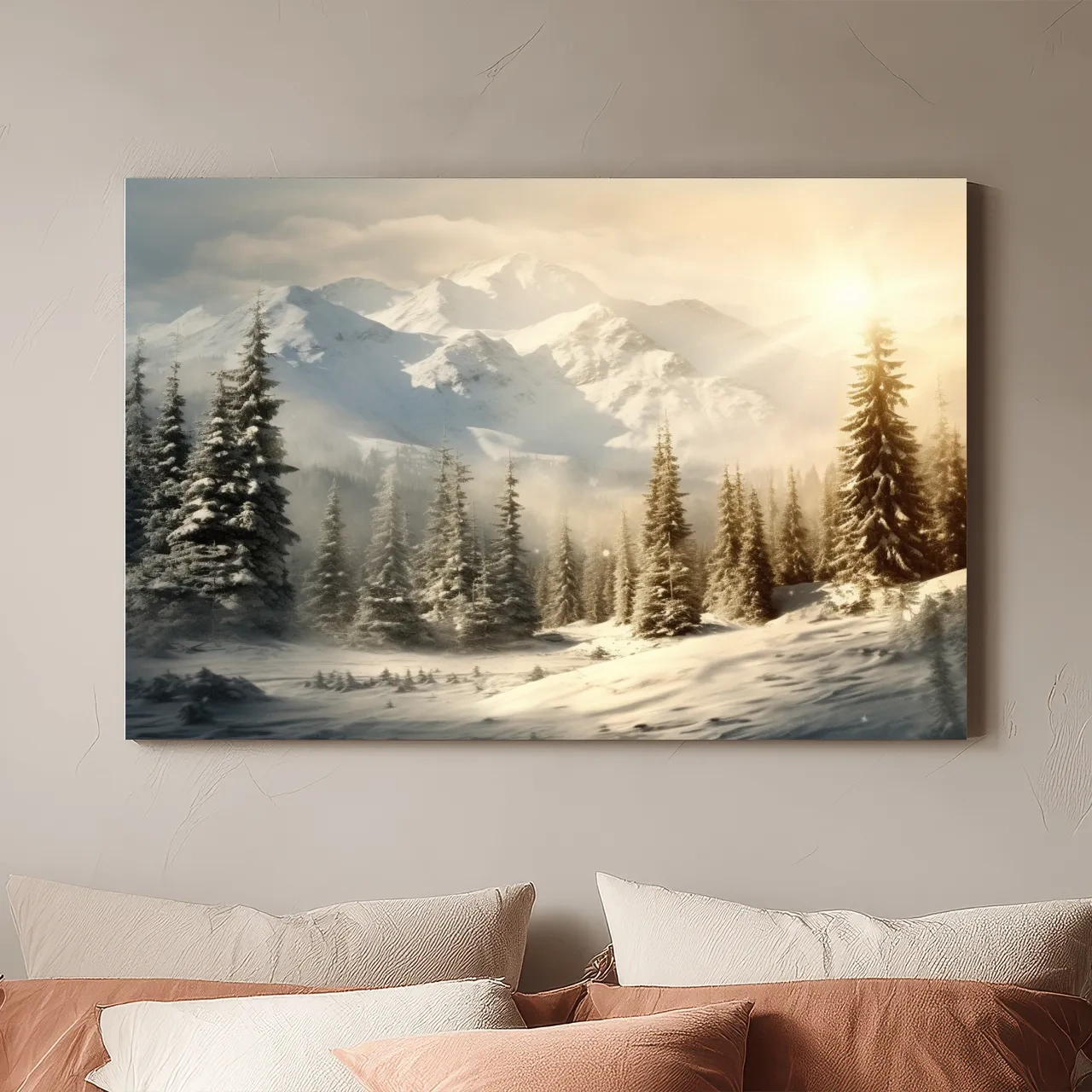 Golden Sunrise Snowy Mountain Landscape - Serene Winter Pine Forest Wall Art