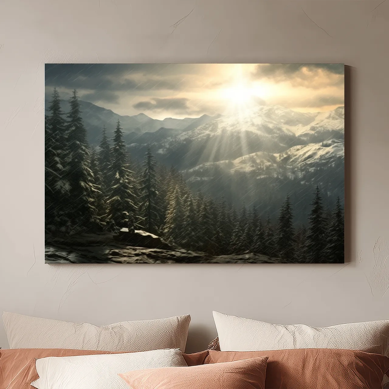 Mountain Snowstorm Sunrise Over Pine Forest - Dramatic Winter Landscape Artwork