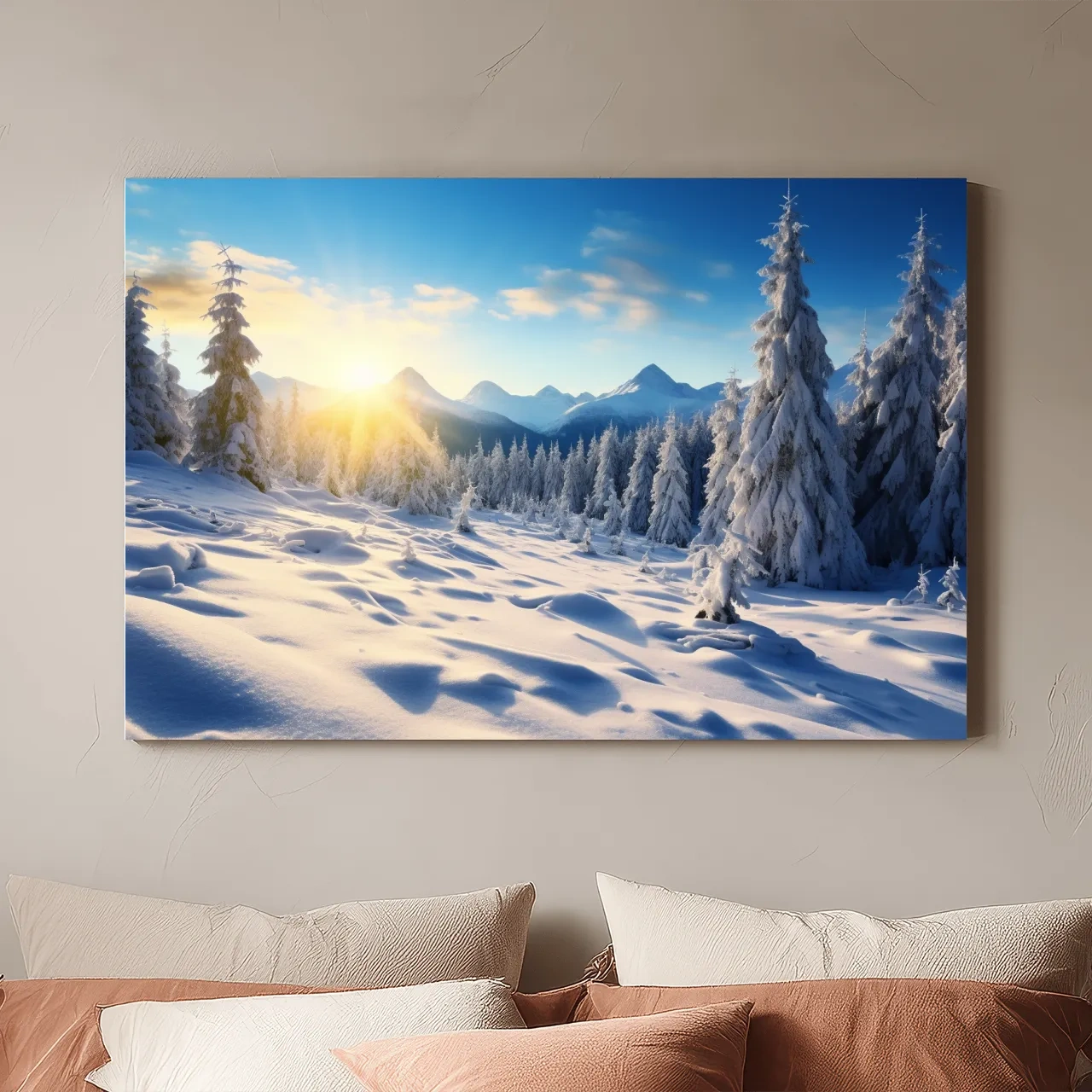Snowy Sunrise Alpine Forest Landscape - Serene Photographic Nature Wall Art