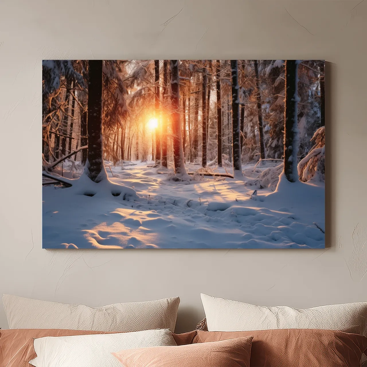 Golden Winter Sunrise Snowy Forest - Serene Nature Landscape Wall Art