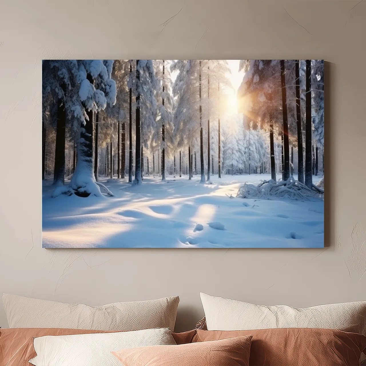 Sunlit Snowy Pine Forest Landscape - Serene Winter Nature Wall Art