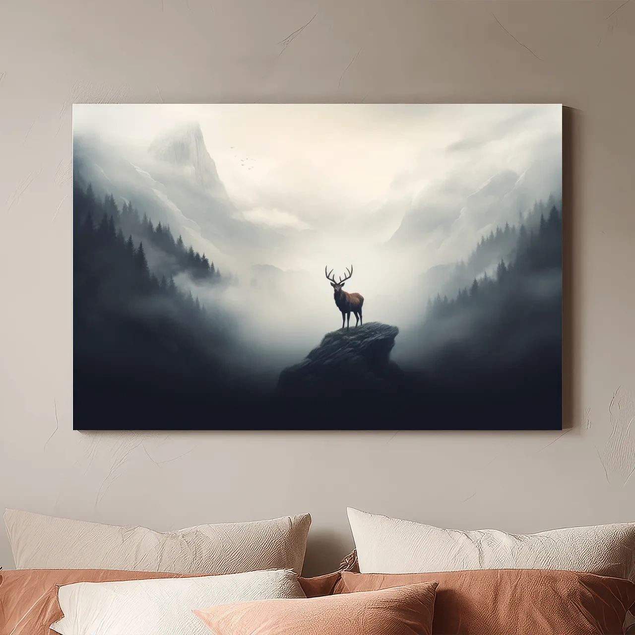 Majestic Stag On Rocky Peak - Misty Mountain Forest Wall Art
