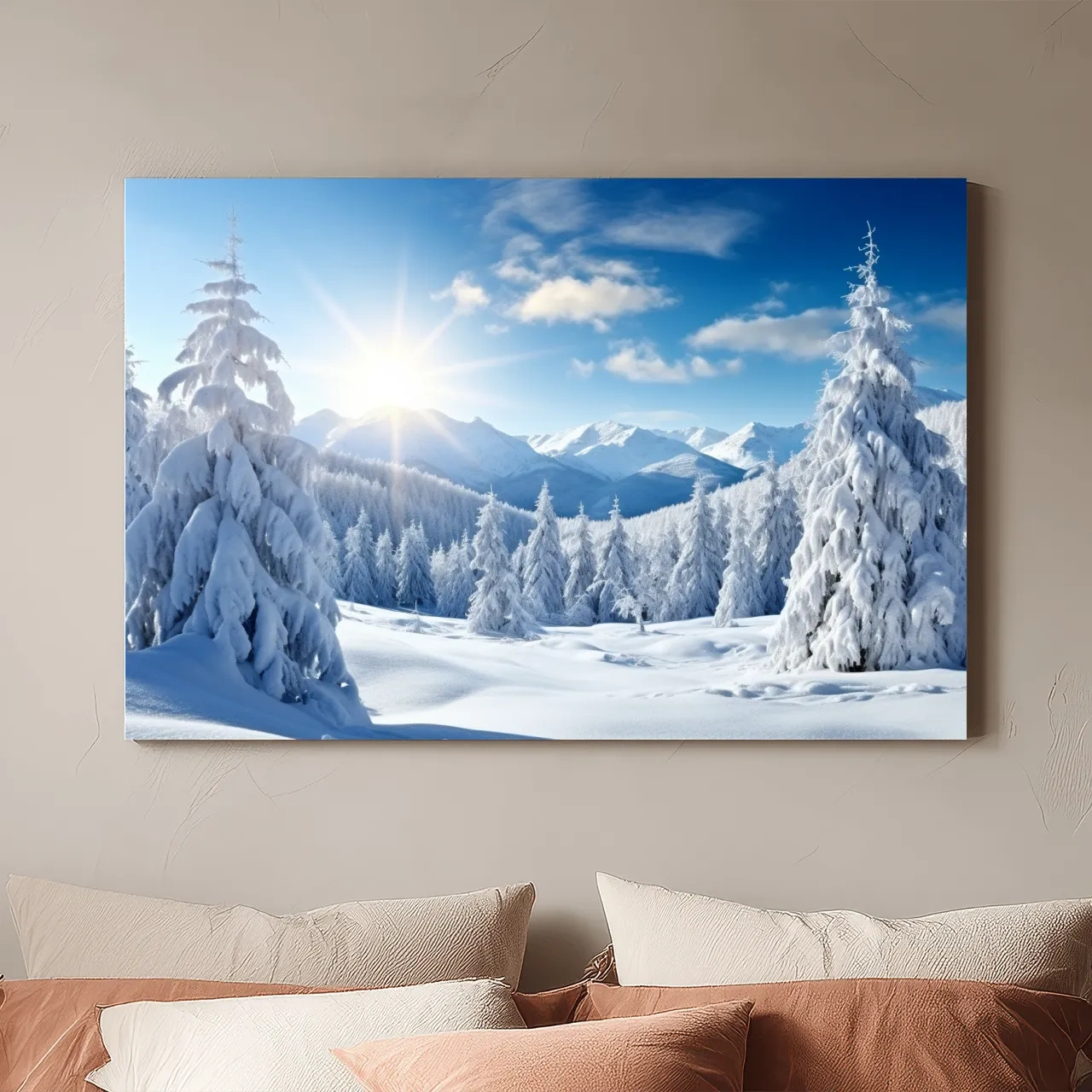 Sunlit Snowy Mountain Winter Landscape - Photographic Alpine Forest Wall Art