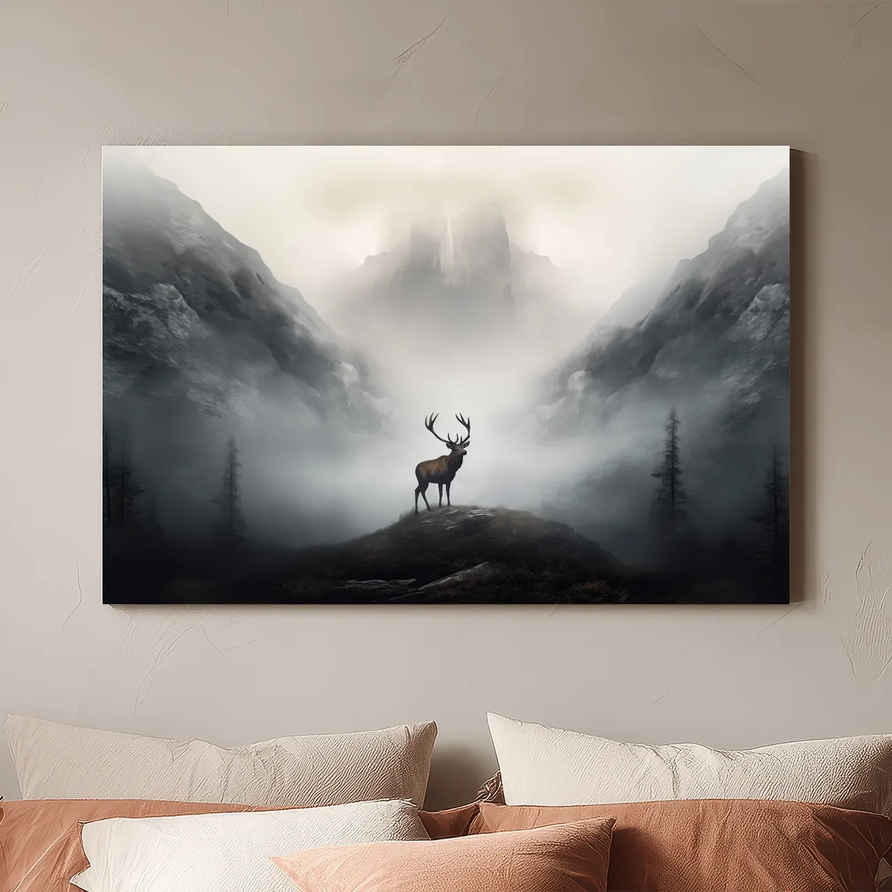 Moody Misty Mountain Stag Silhouette - Atmospheric Wildlife Landscape Art