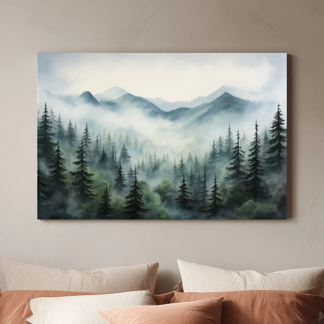 Misty Alpine Forest Painting - Foggy Mountain Landscape Art