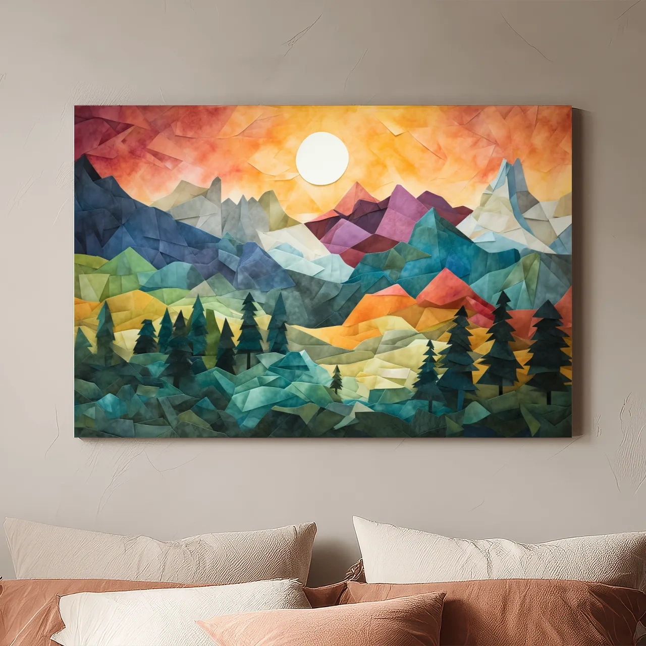 Abstract Alpine Mountain Sunset Artwork - Vibrant Patchwork Mosaic Wall Art