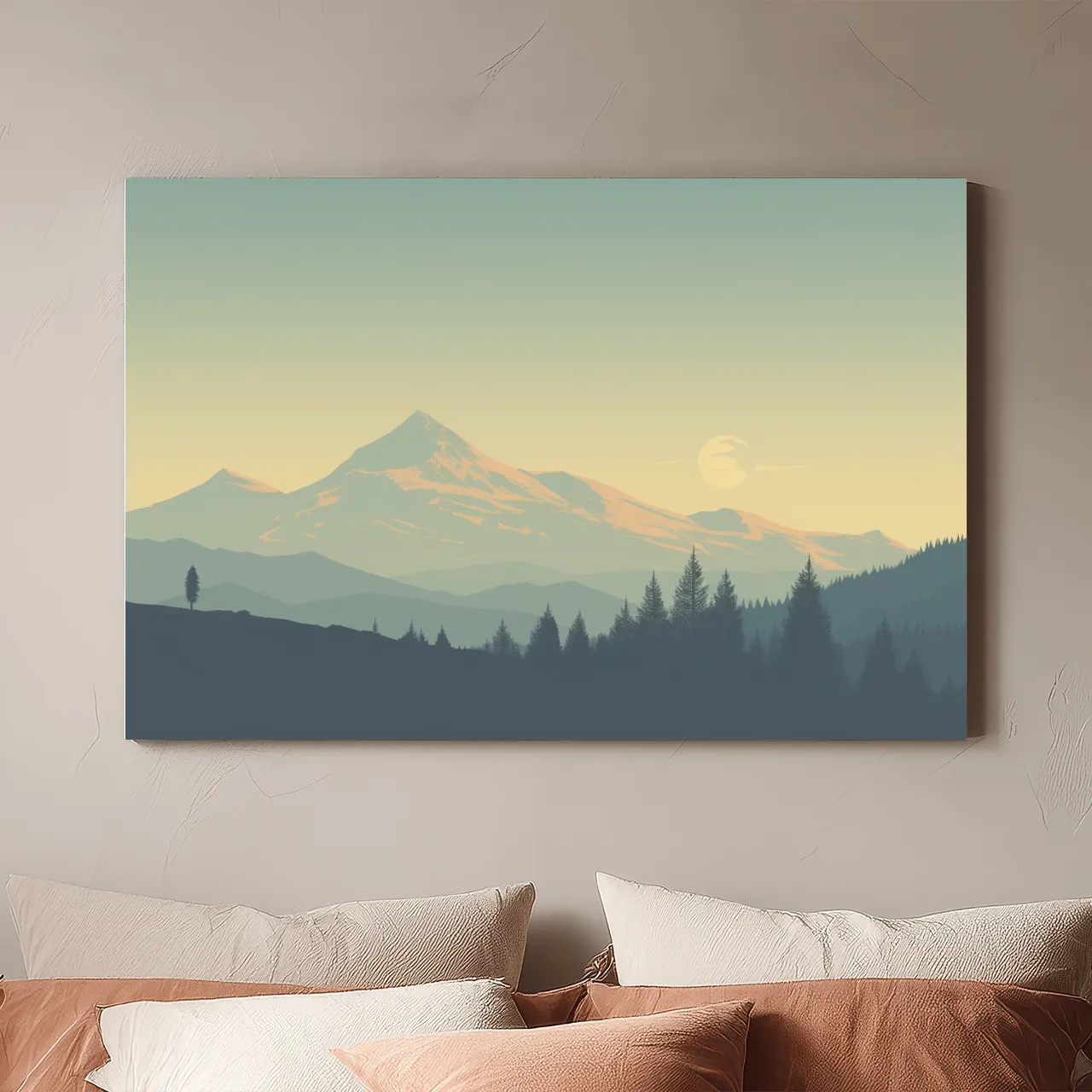 Minimalist Misty Mountain Sunrise Landscape - Serene Alpine Forest Wall Art