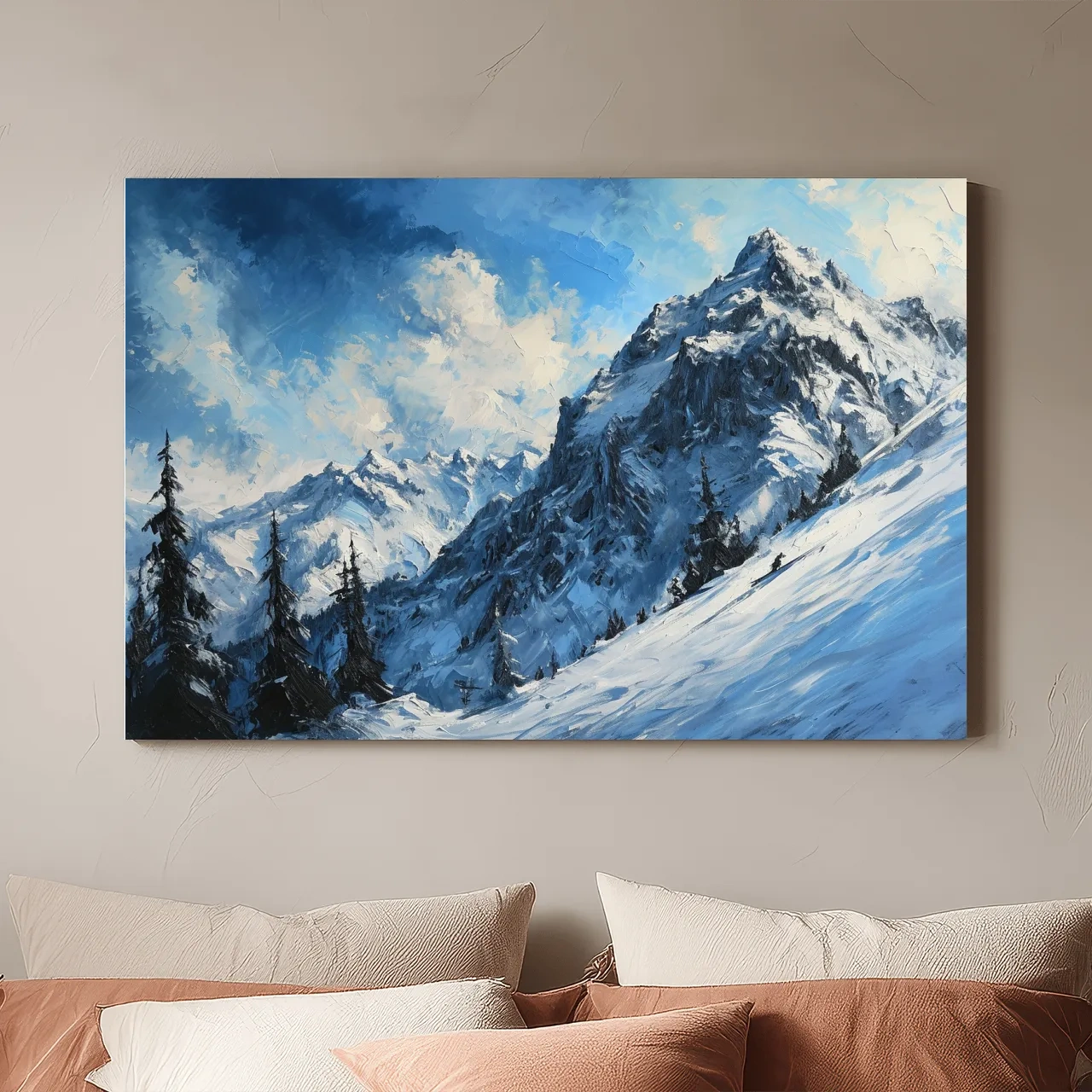 Alpine Snowy Peak Oil Painting - Moody Mountain Landscape Wall Art