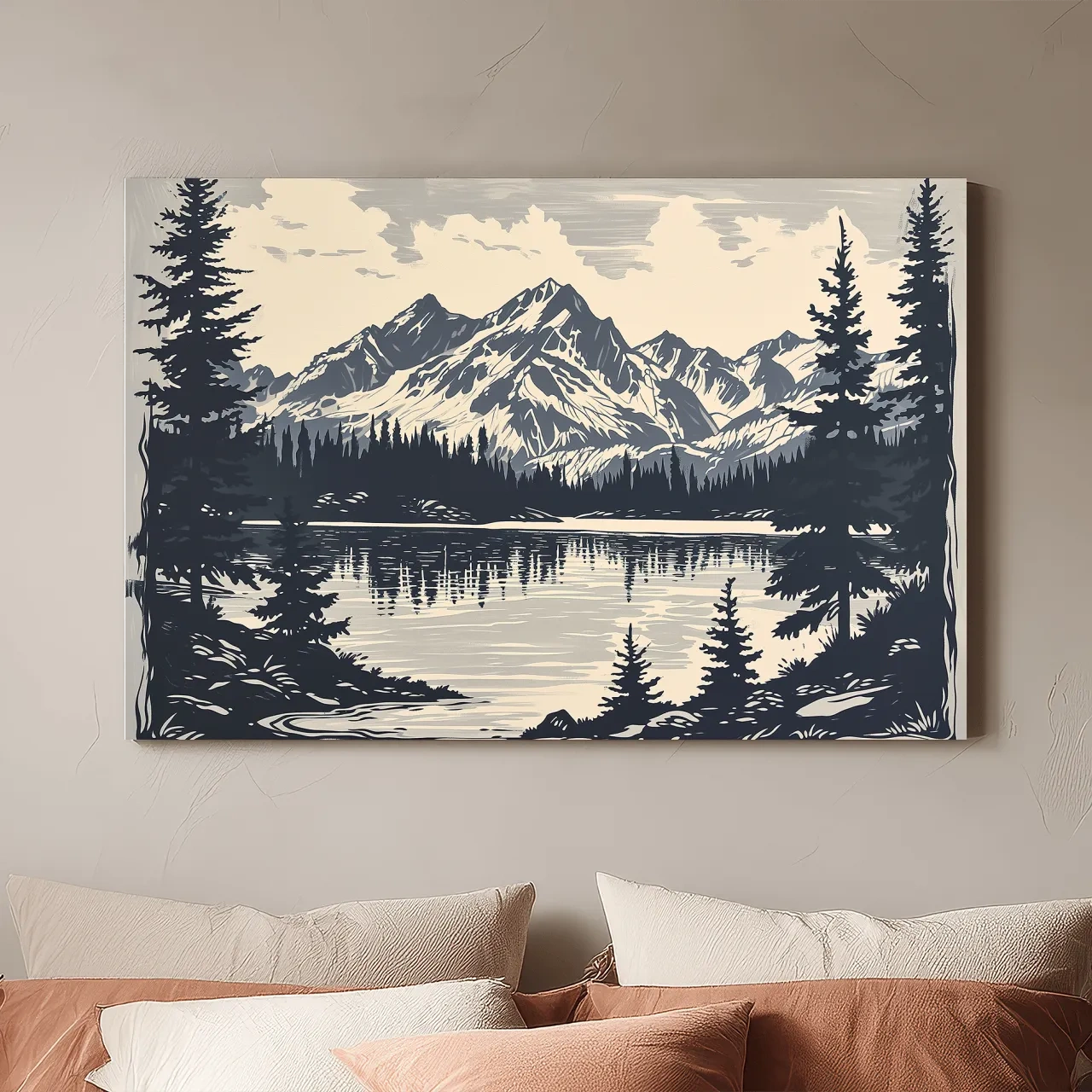 Vintage Alpine Lake Mountain Illustration - Monochrome Linocut Style Artwork