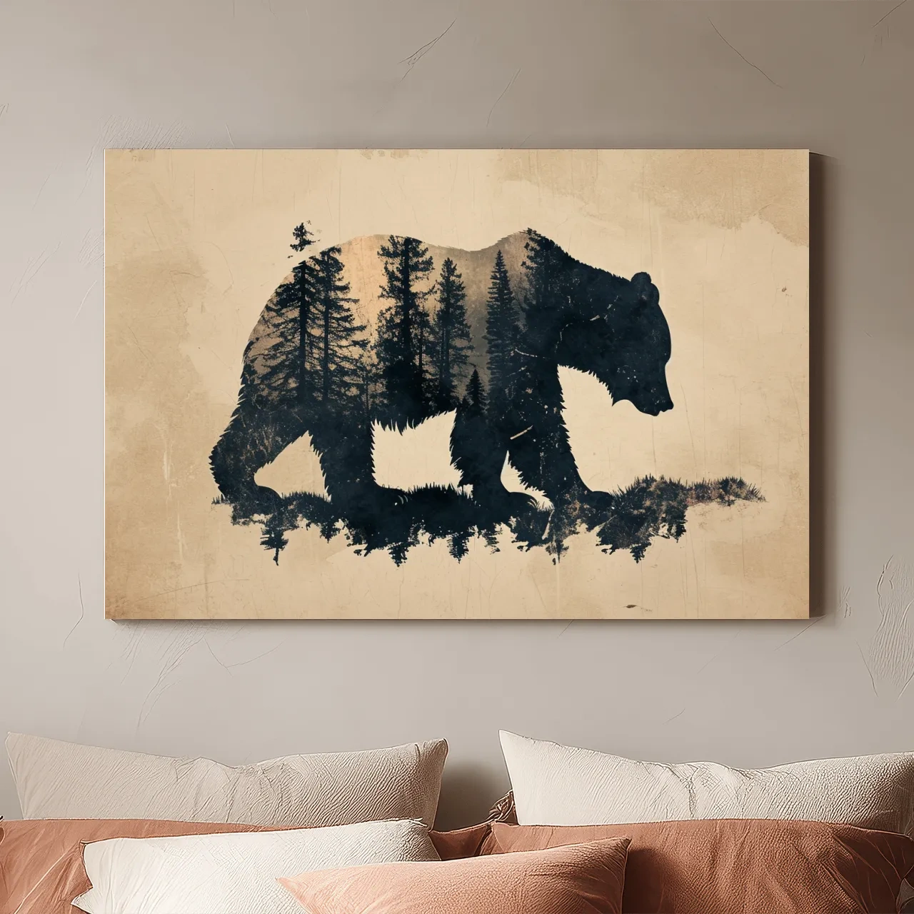 Vintage Grizzly Bear Forest Silhouette - Rustic Sepia Double Exposure Wildlife Wall Art