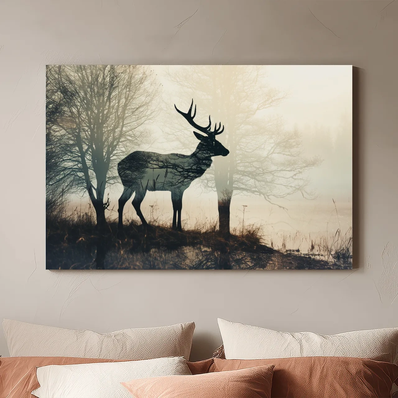 Misty Deer Silhouette Forest Landscape - Double Exposure Wildlife Photography Wall Art