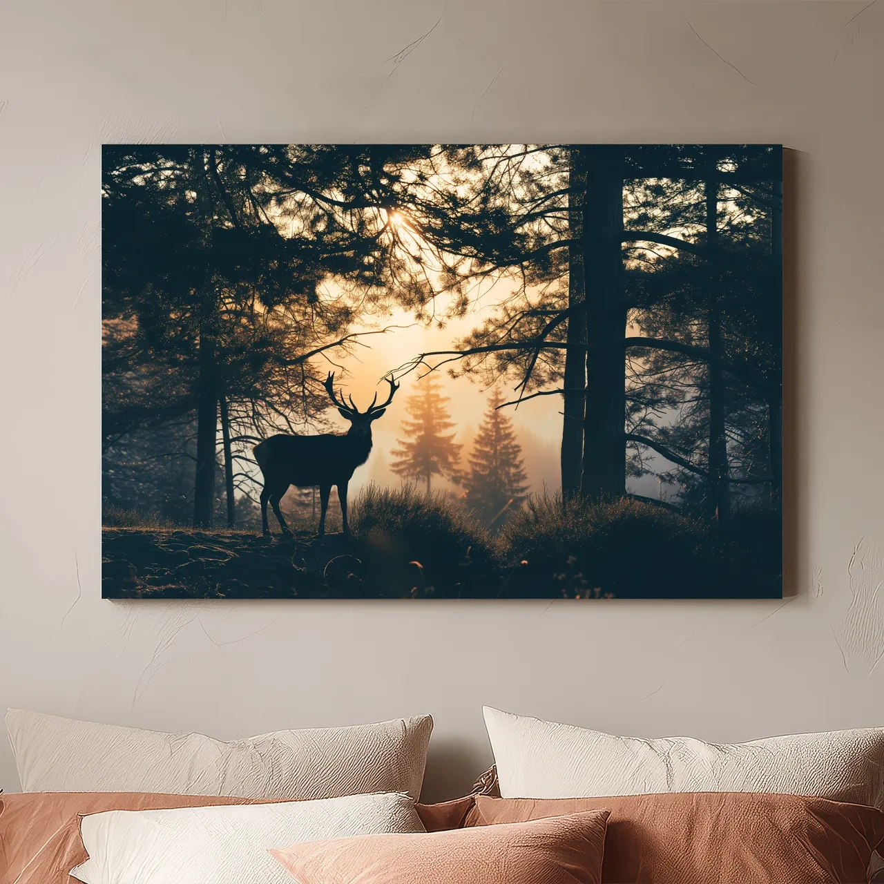 Moody Deer Silhouette In Misty Pine Forest - Golden Sunrise Wildlife Wall Art