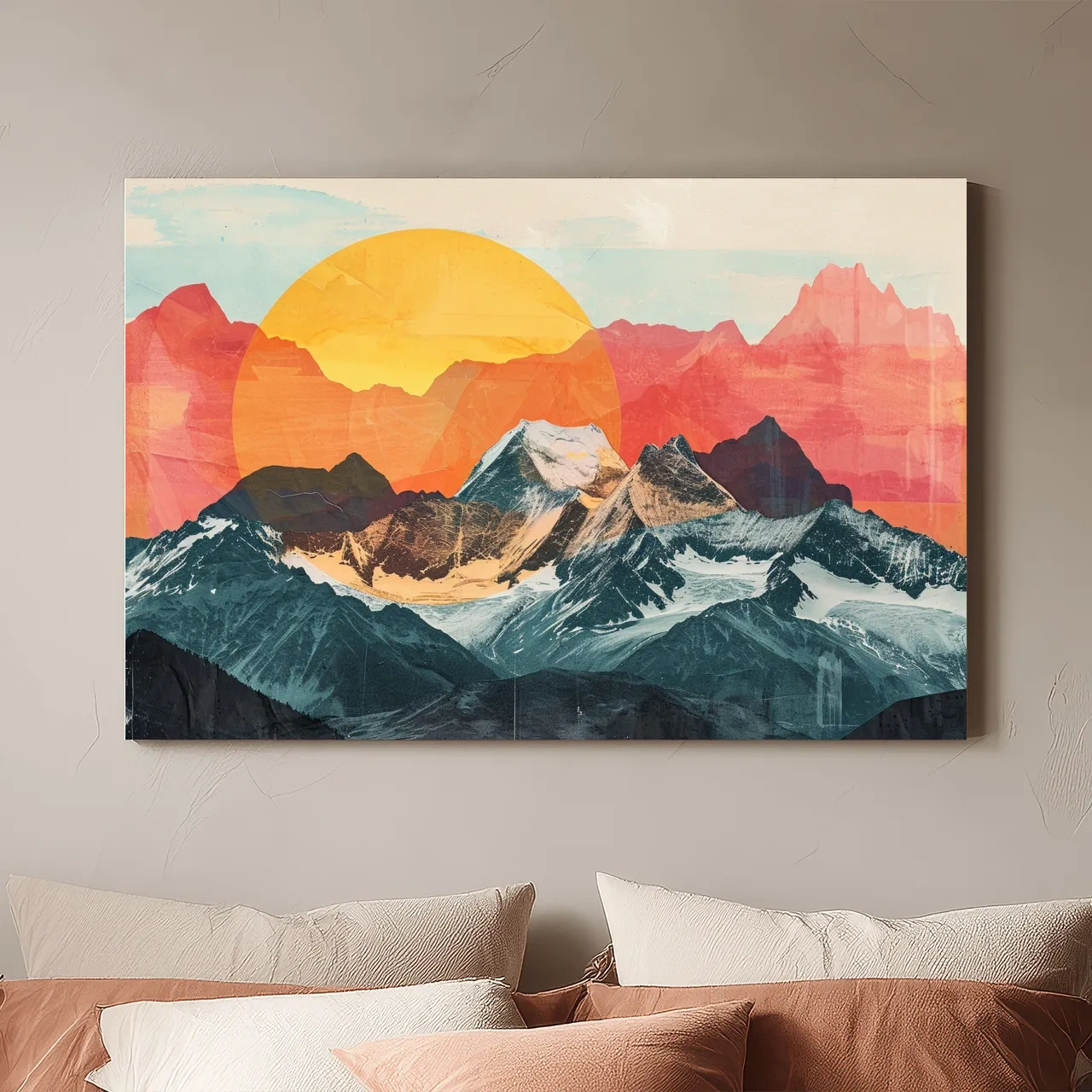 Abstract Alpine Mountains With Golden Sun - Modern Collage Landscape Artwork