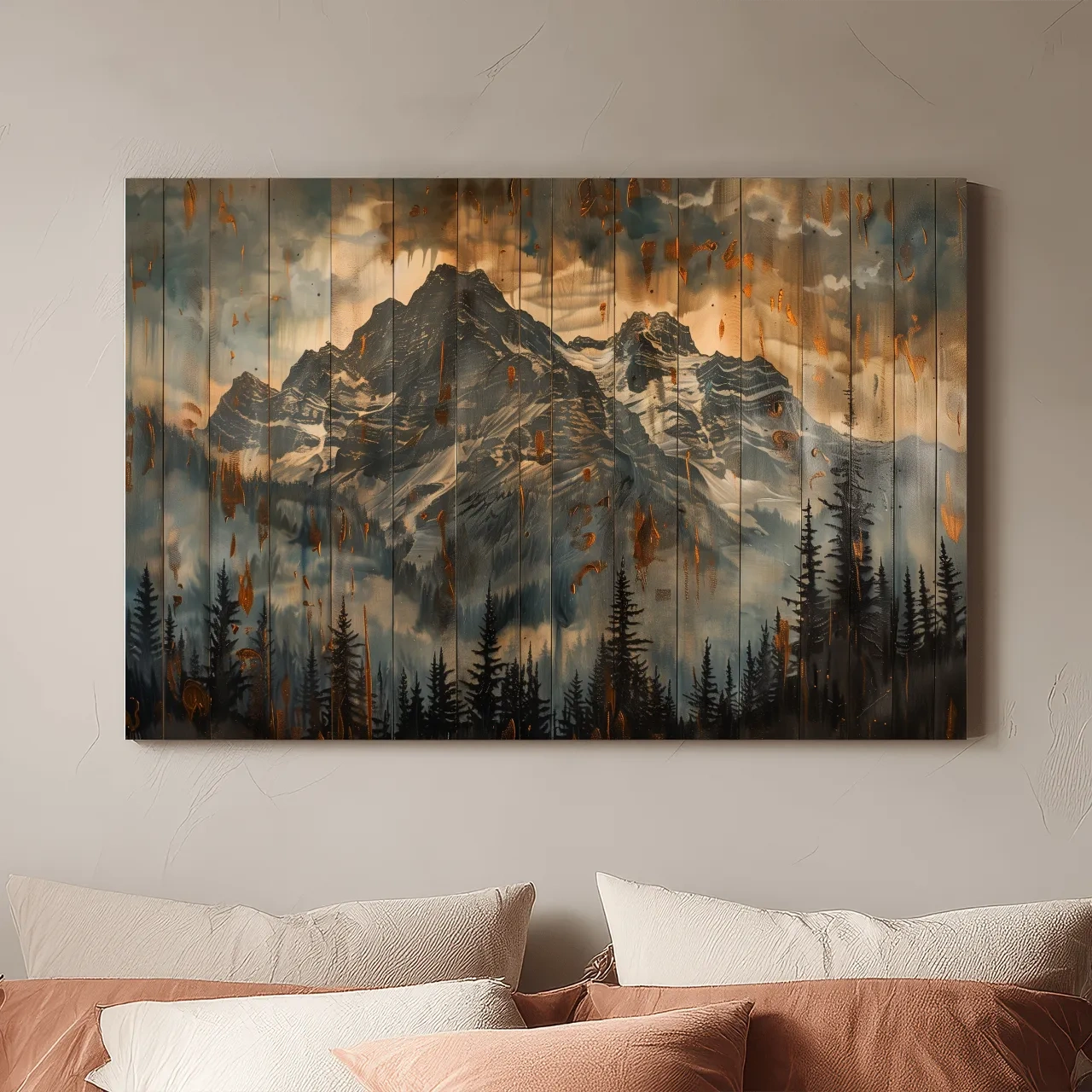 Rustic Mountain Range Painting - Alpine Forest Wood Panel Wall Art