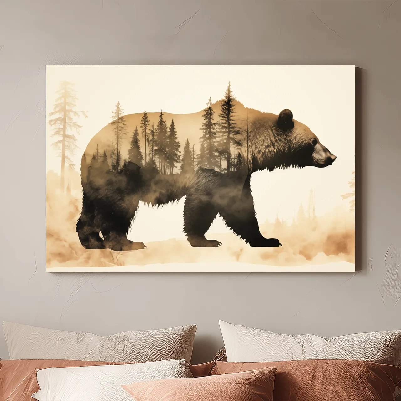Double Exposure Grizzly Bear Forest Silhouette - Misty Wilderness Nature Artwork