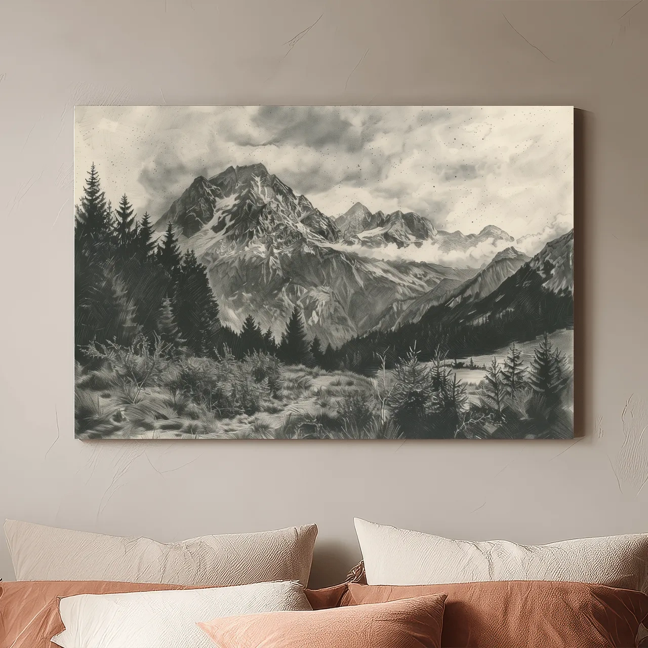 Monochrome Alpine Meadows Mountain Range - Vintage Sketch Landscape Wall Art