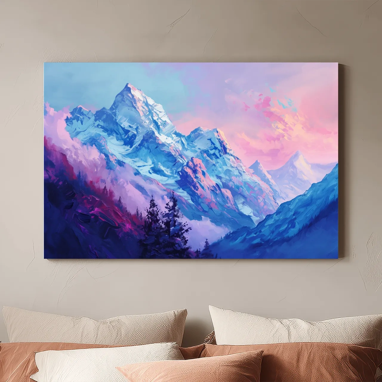Vibrant Impressionism Alpine Mountain Painting - Colorful Snowy Peaks Wall Art