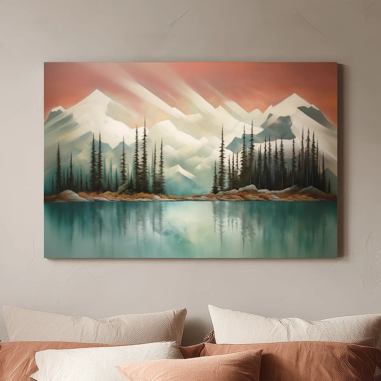 Abstract Alpine Lake Landscape Painting - Serene Pine Forest Mountain Wall Art