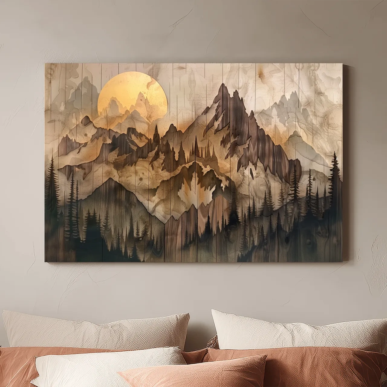Rustic Sepia Mountain Sunrise Landscape - Vintage Wood Grain Watercolor Artwork