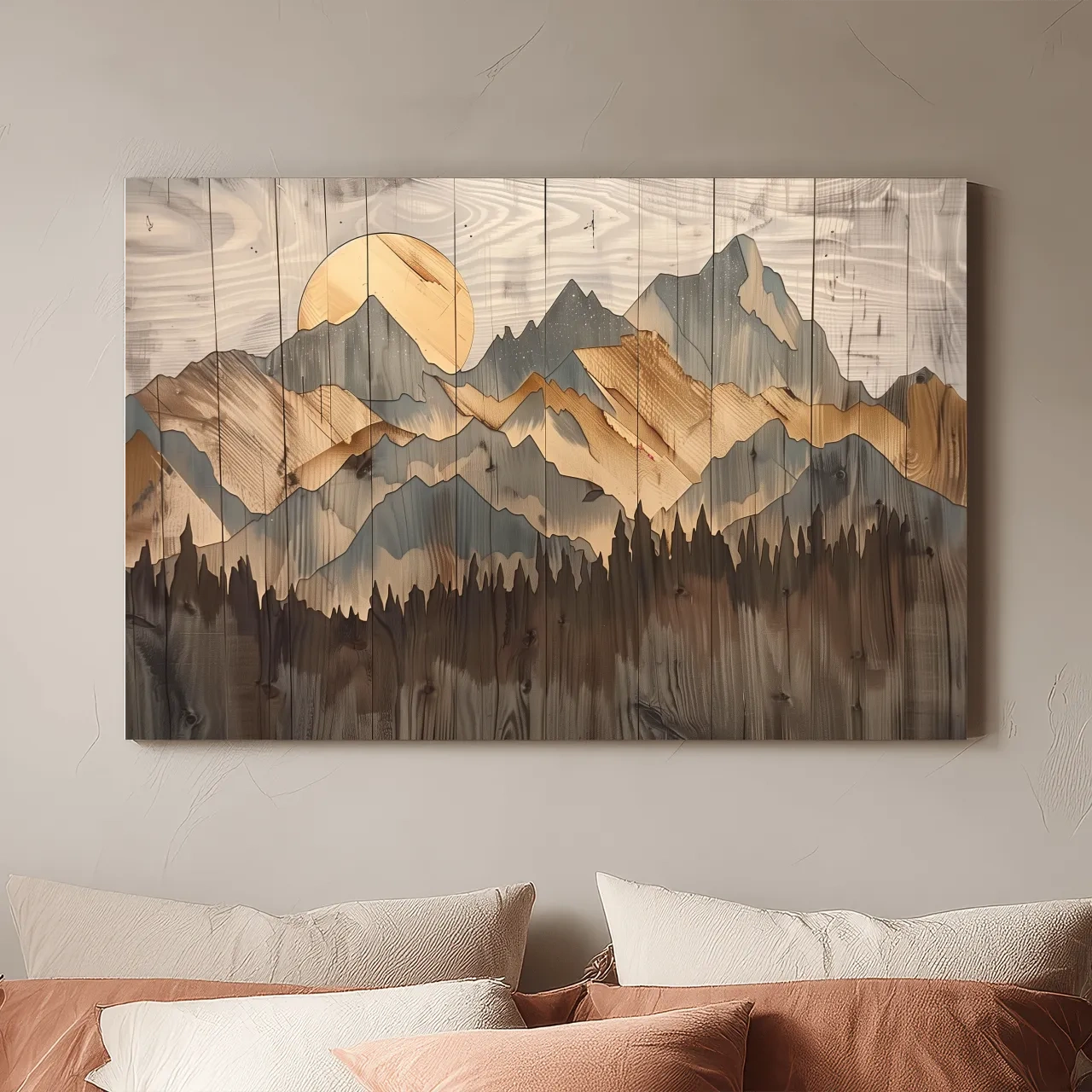 Rustic Mountain Range Sunrise - Woodgrain Style Forest Wall Art