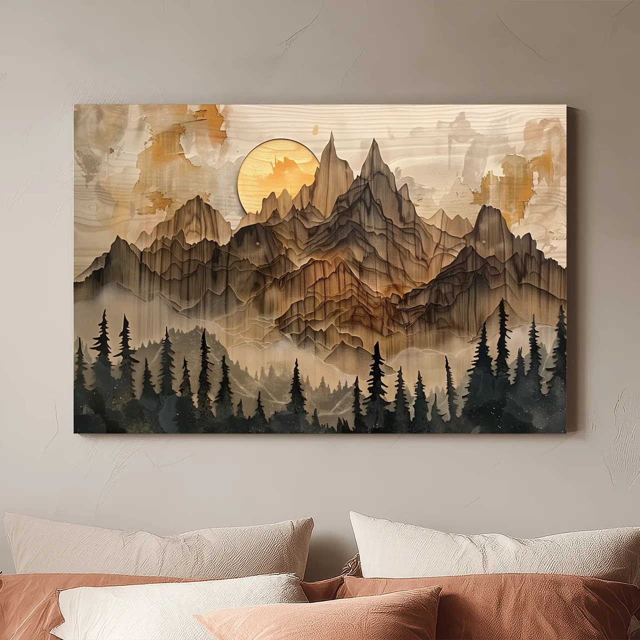 Rustic Mountain Sunset Landscape - Woodcut Style Alpine Wall Art