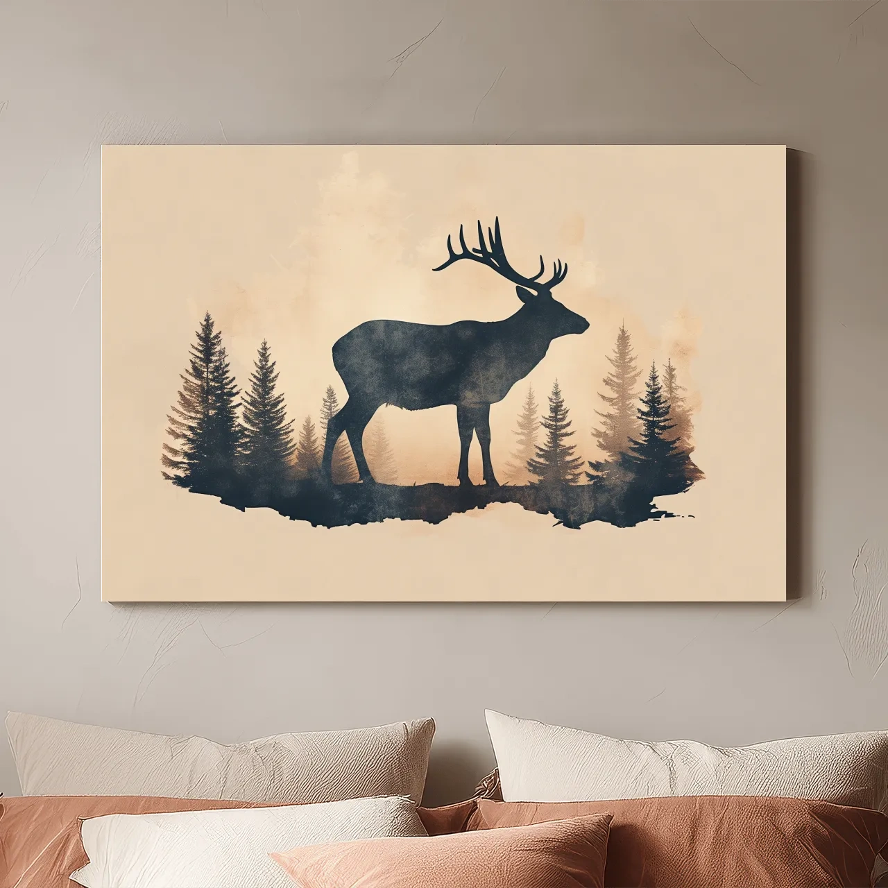 Vintage Sepia Deer Silhouette In Pine Forest - Rustic Woodland Artwork