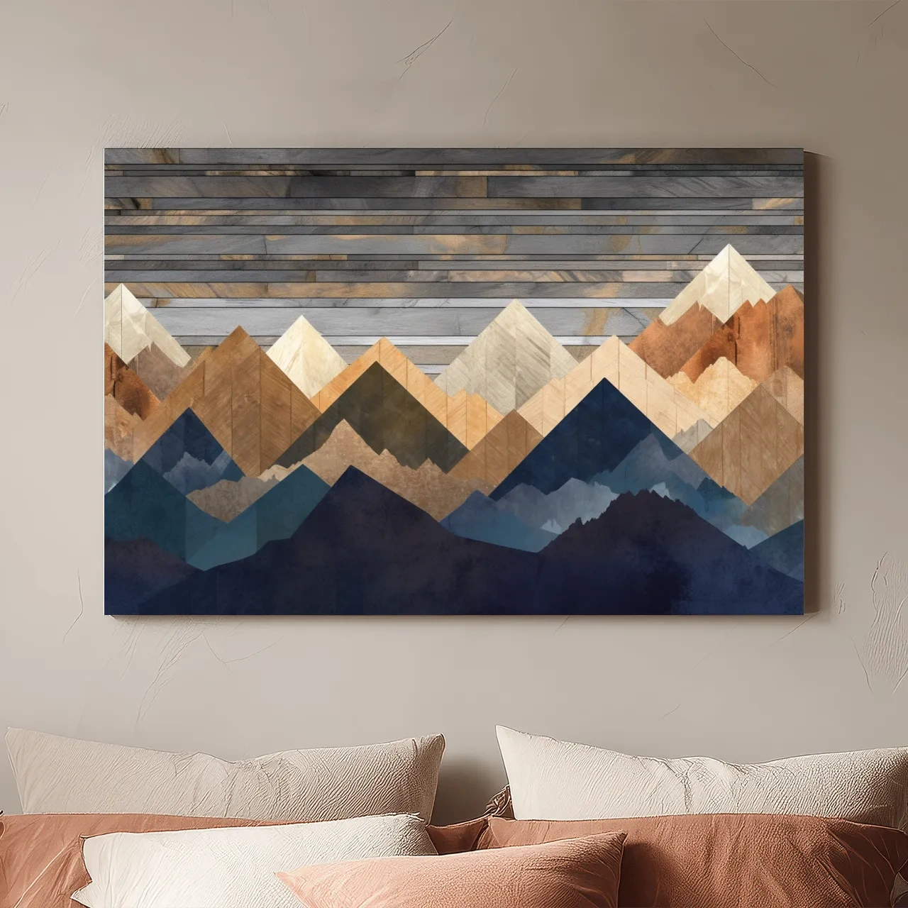 Geometric Layered Mountain Peaks - Rustic Wood Texture Abstract Wall Art