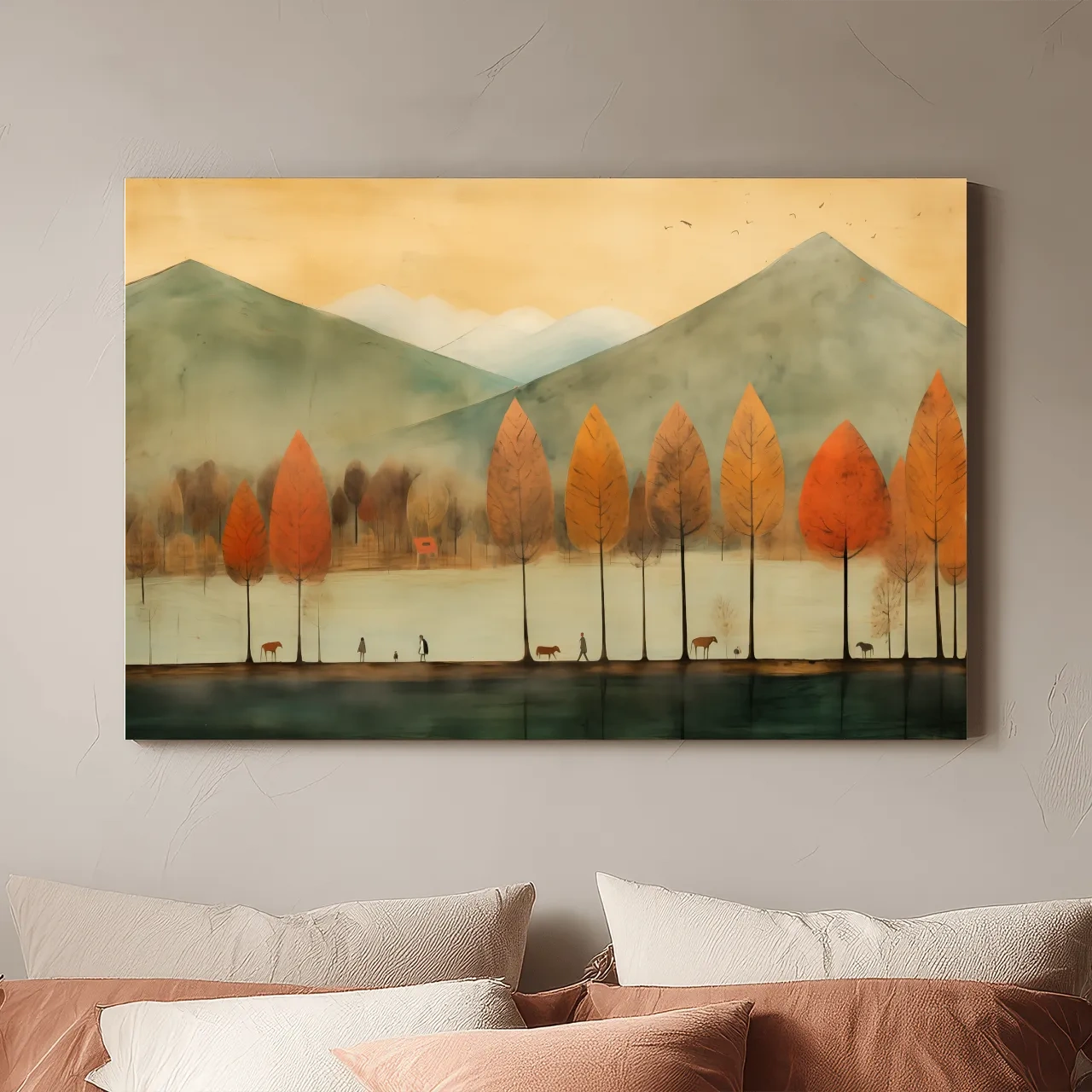 Autumn Tree Lined Lake Landscape - Quirky Watercolor Style Wall Art