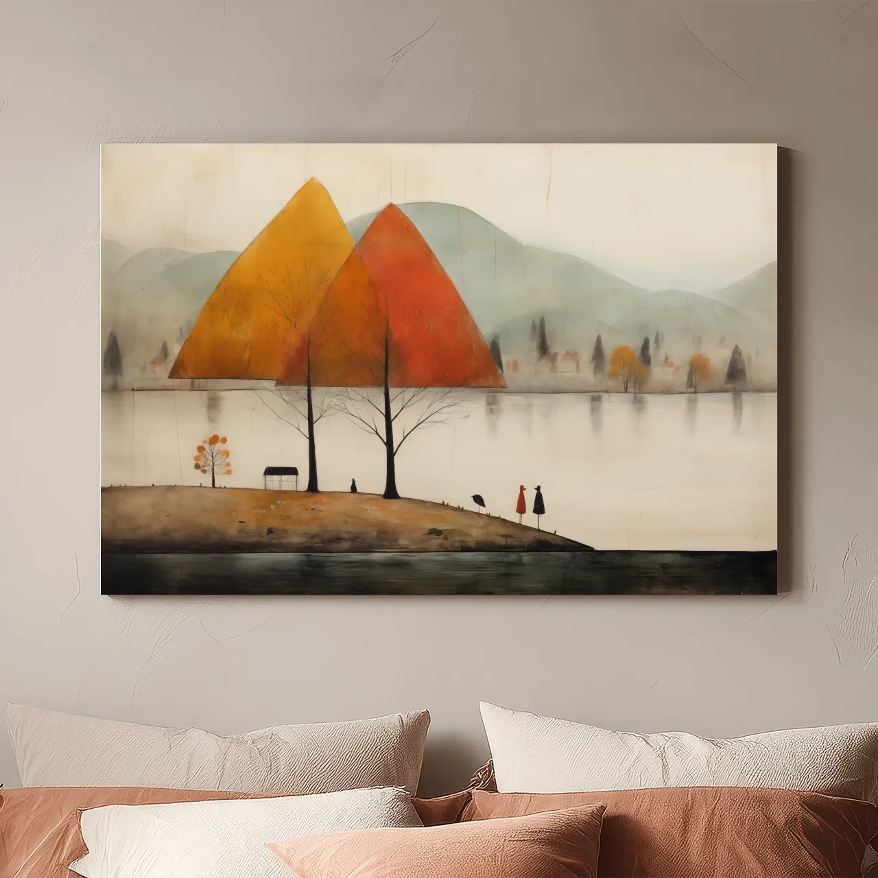 Autumn Mountains Over Misty Lakeside - Quirky Landscape Artwork