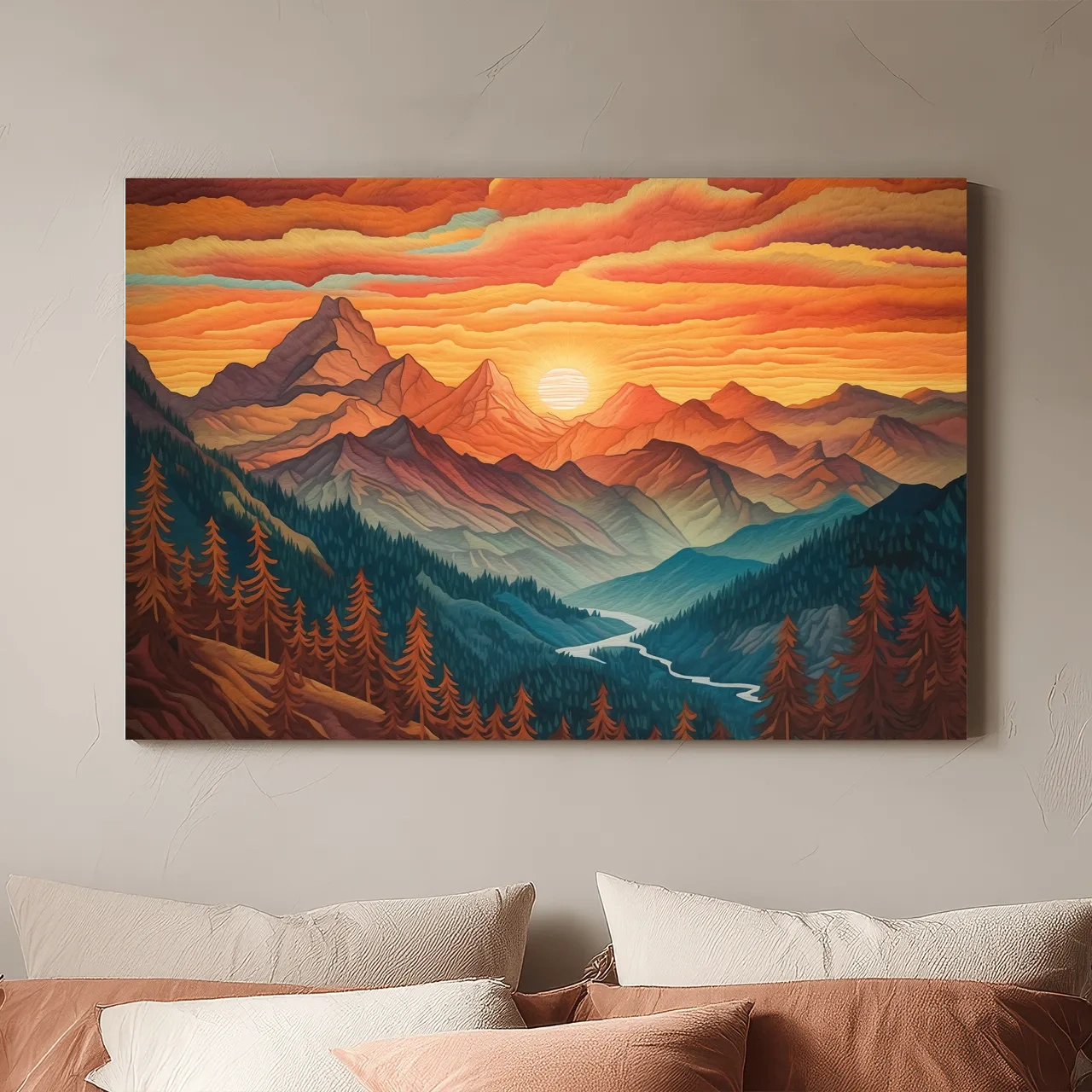 Vibrant Sunset Mountain Range Illustration - Layered Alpine Landscape Wall Art