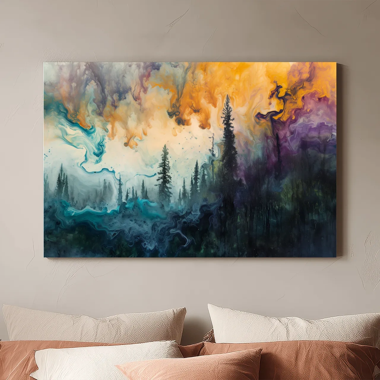 Vibrant Abstract Forest Smoke Swirls - Fluid Acrylic Style Wall Art