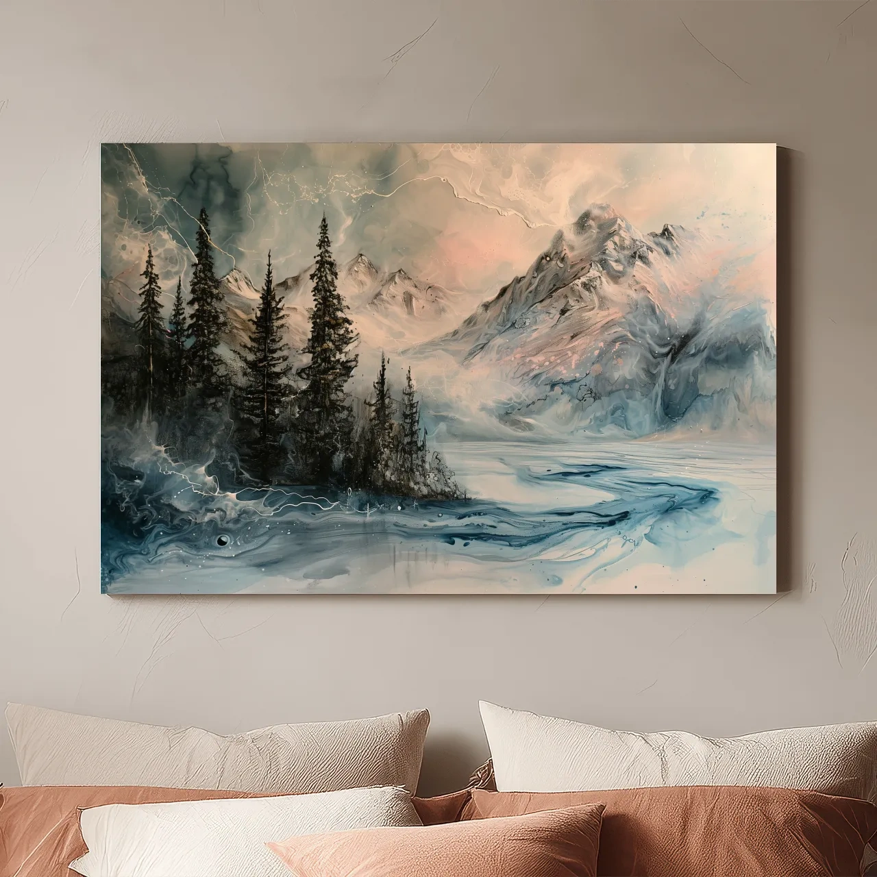 Ethereal Mountain Lake Alpine Forest - Moody Abstract Alcohol Ink Wall Art