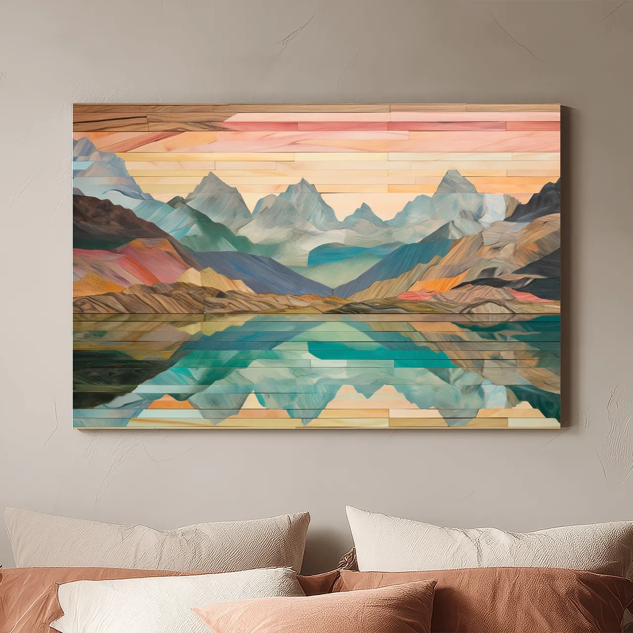 Alpine Lake Mountain Reflection - Layered Wooden Style Landscape Wall Art