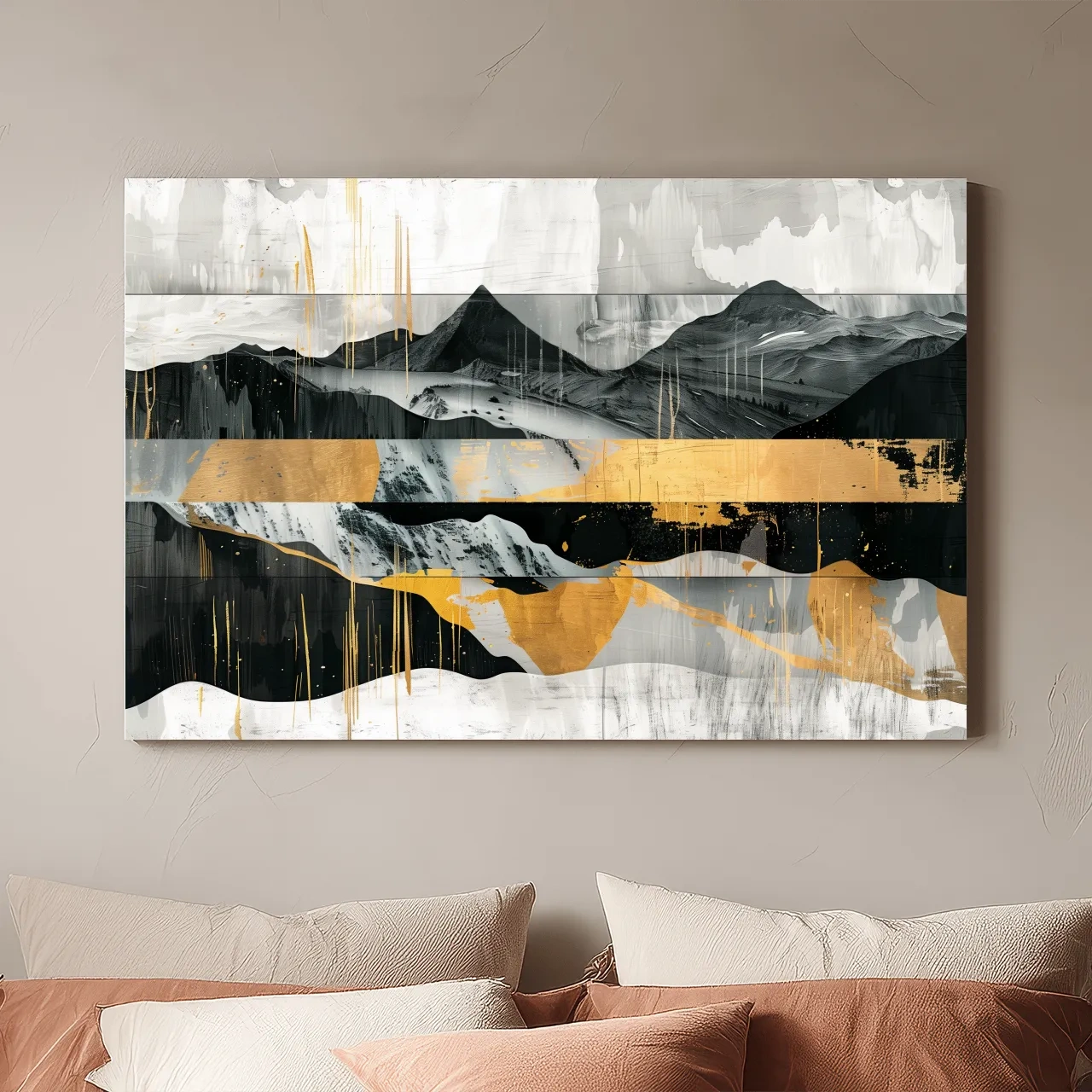Abstract Monochrome Mountain Range With Gold Accents - Modern Mixed Media Landscape Wall Art