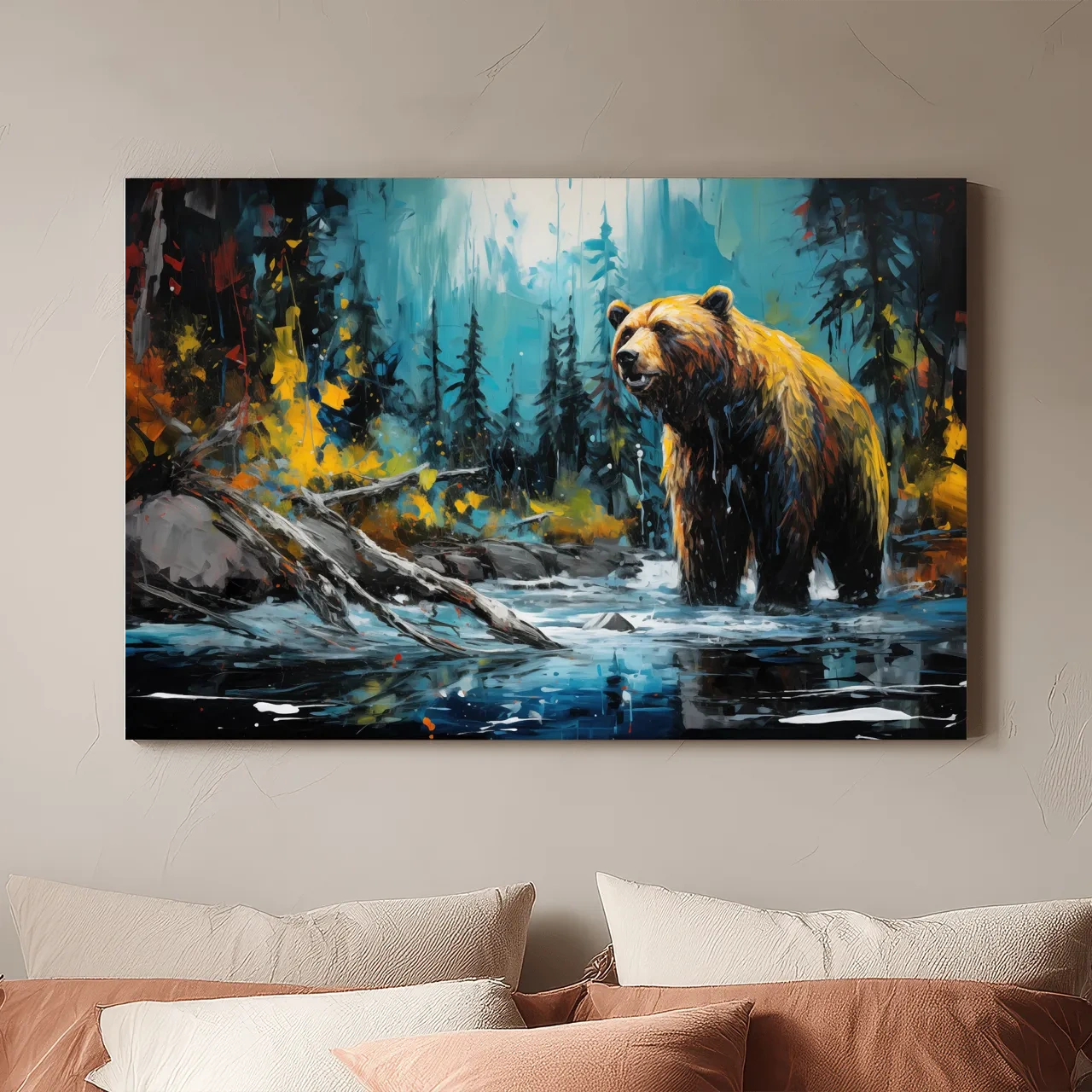 Grizzly Bear Forest River Painting - Vibrant Wildlife Nature Wall Art