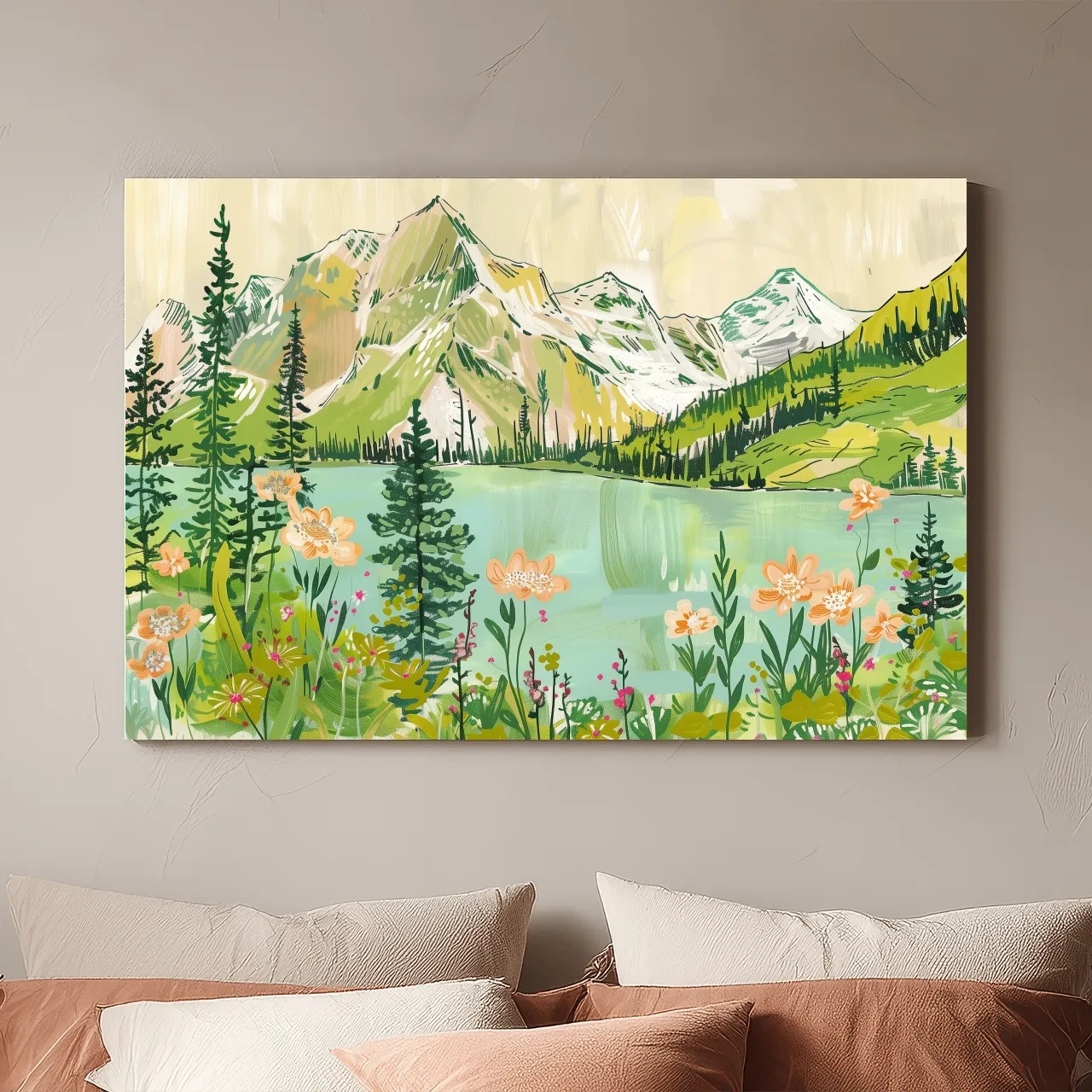 Whimsical Alpine Lake Wildflower Stylized Painting - Mountain Meadows Wall Art