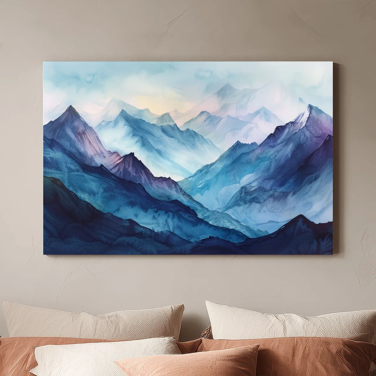 Misty Blue Watercolor Mountain Range Artwork - Serene Colourful Landscape Wall Art