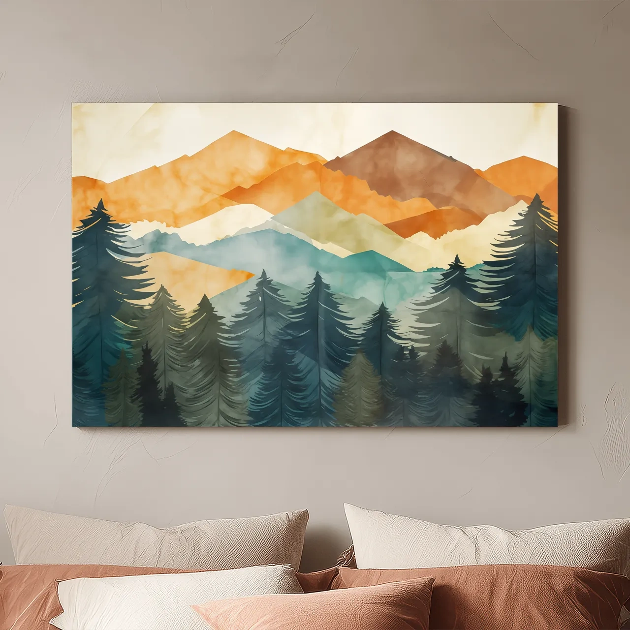 Serene Landscape Painting - Abstract Watercolour Forest & Mountains