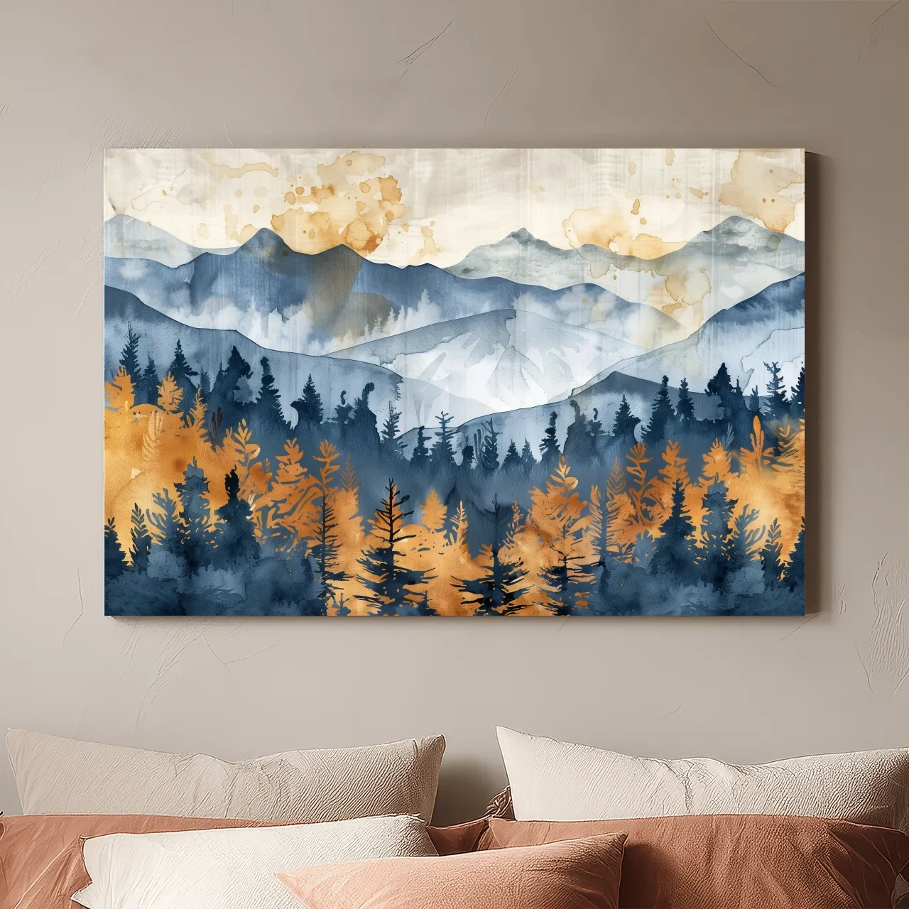 Watercolor Mountain Forest Landscape - Abstract Golden Autumn Pines Wall Art