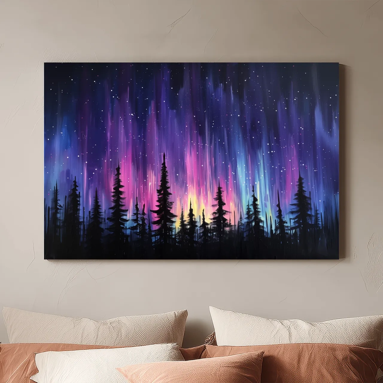 Vibrant Purple Northern Lights & Silhouetted Pine Forest - Aurora Borealis Painting Wall Art