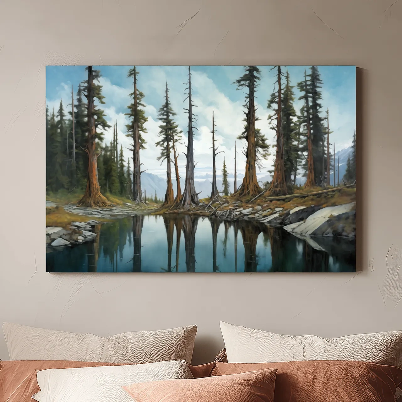 Pine Forest Lake Reflection Painting - Serene Wilderness Landscape Wall Art