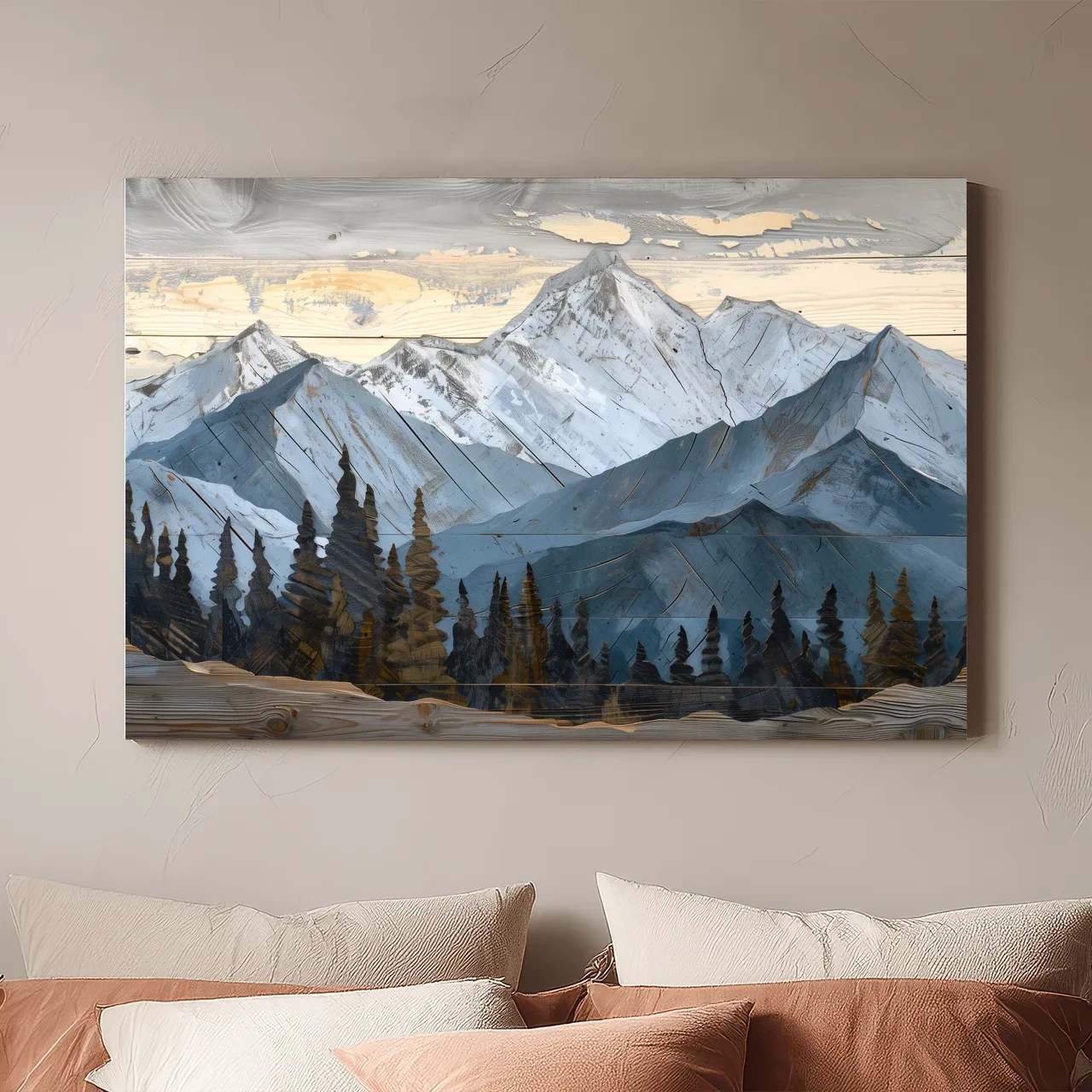Alpine Forest Mountain Range Artwork - Rustic Woodgrain Landscape Wall Art