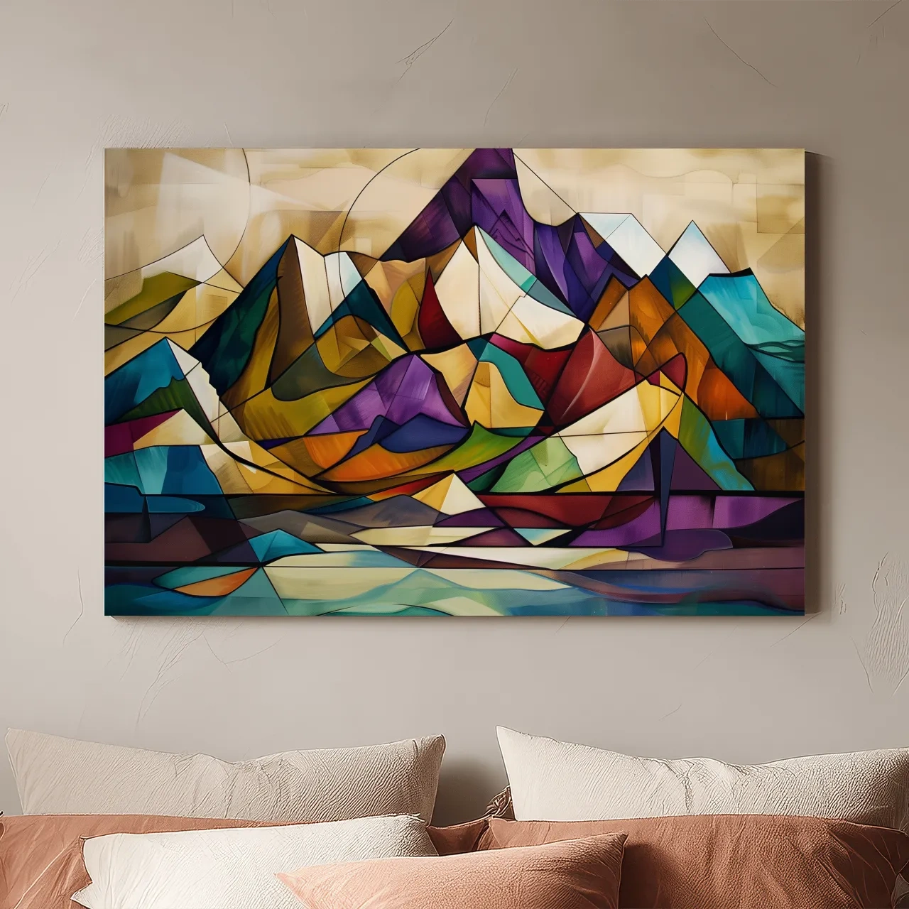 Vibrant Leadlight Style Mountain Range Painting - Abstract Colorful Stained Glass Wall Art