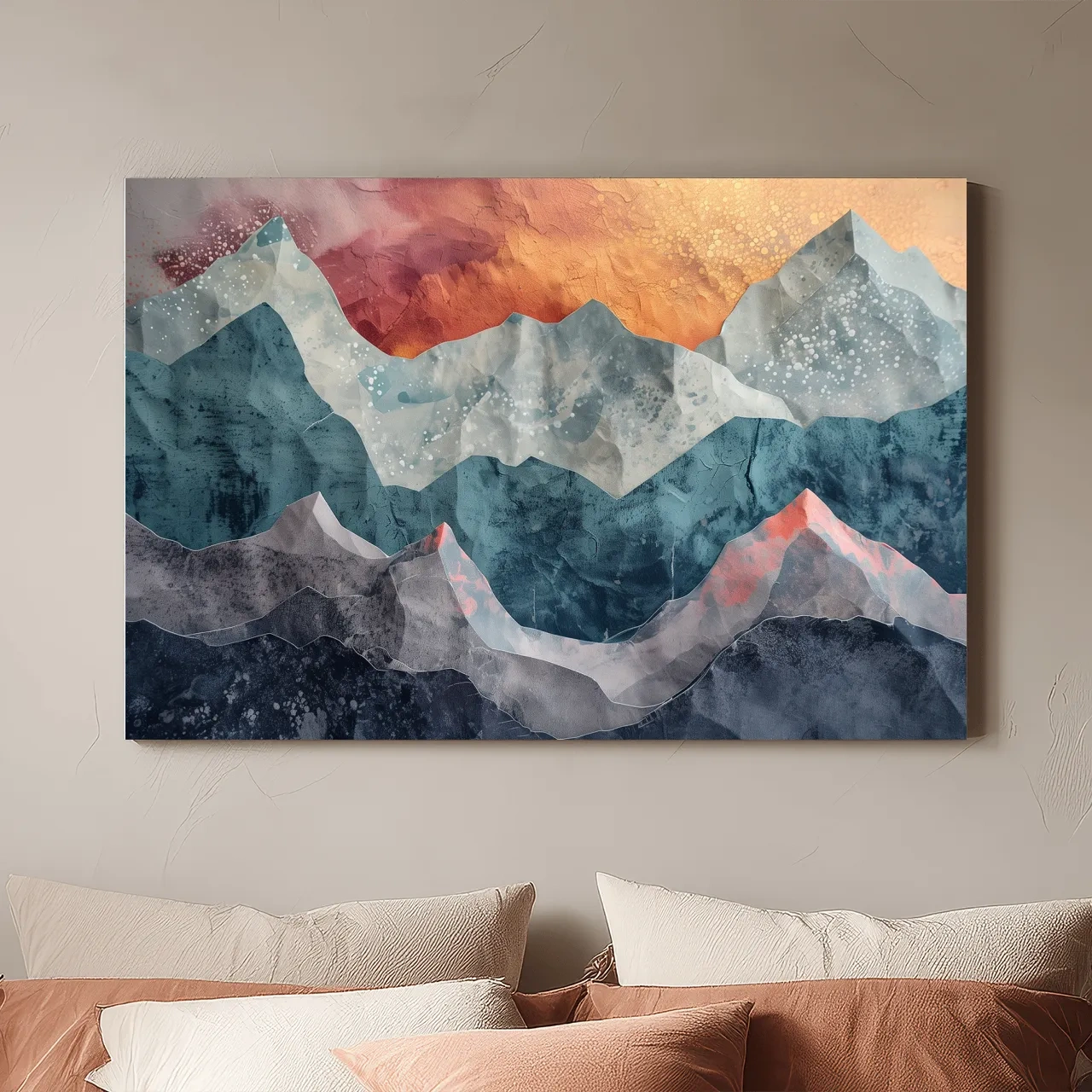 Layered Abstract Mountain Range Sunset - Modern 3D Mixed Media Landscape Wall Art