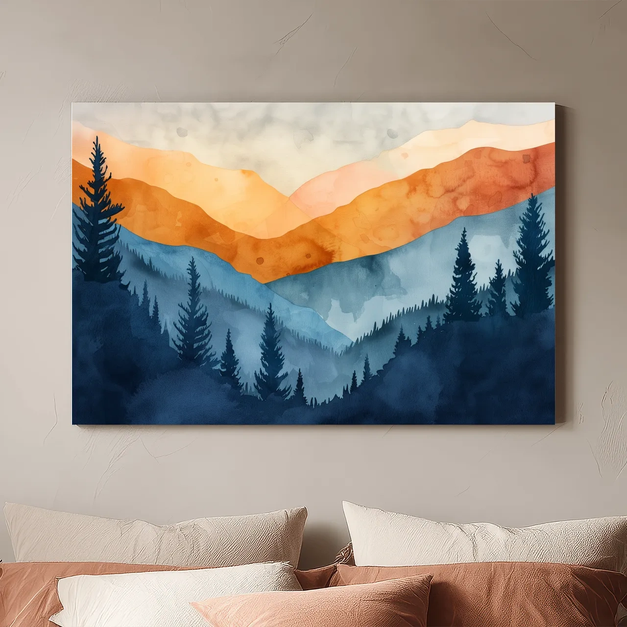Moody Watercolor Mountain Range Silhouette - Pine Forest Painting Wall Art