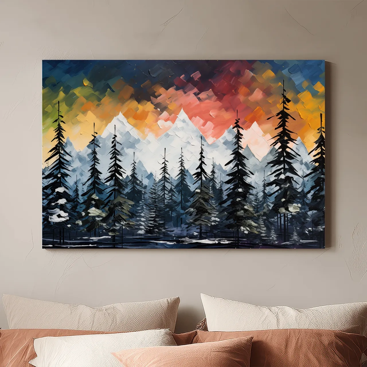 Moody Alpine Mountain Sunset With Pine Forest - Palette Knife Painting Style Landscape Art