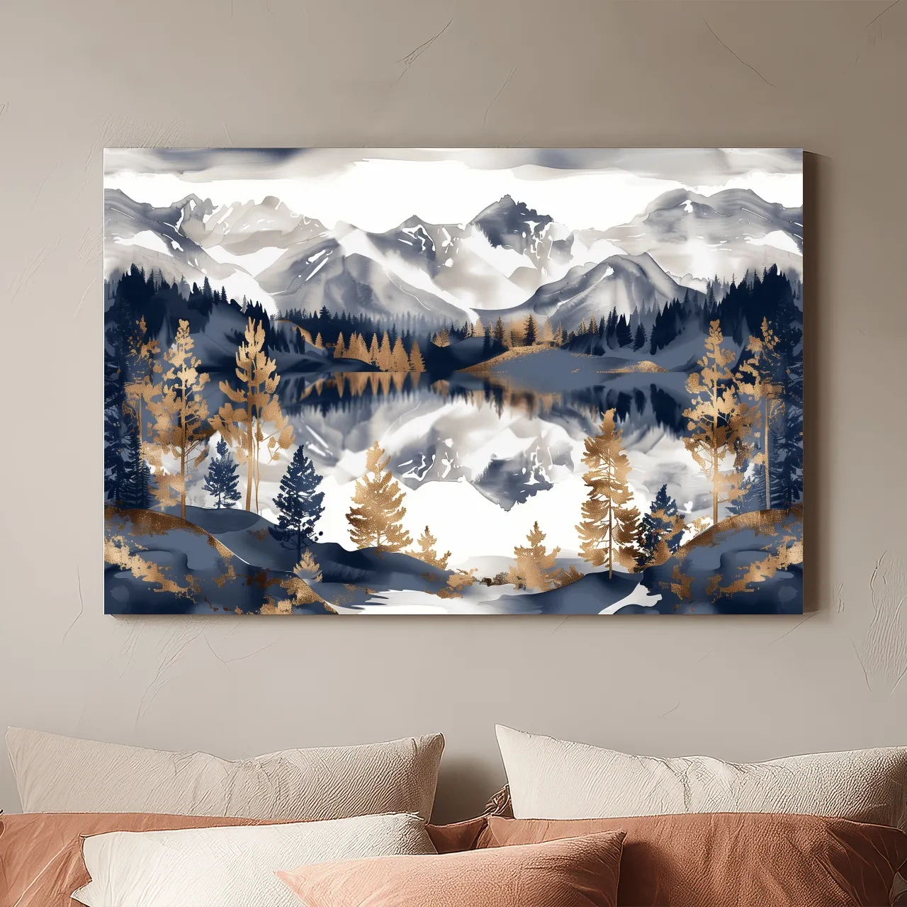 Gold Leaf Style Watercolor Alpine Lake Reflection - Mountain Landscape Artwork